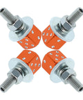 Four orange dice license plate screw fasteners made of stainless steel and aluminum, shown front view.