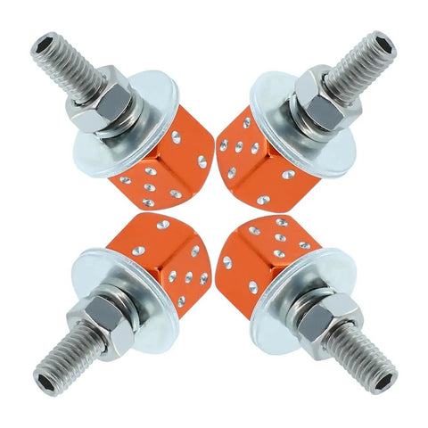Four orange dice license plate screw fasteners made of stainless steel and aluminum, shown front view.