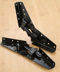 Iron Adjustable 3-Position Sofa Bed Angle Hinge Set For Easy Conversion, black finish hinges with screws, 2 pack on wooden surface