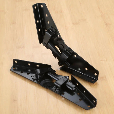 Iron Adjustable 3-Position Sofa Bed Angle Hinge Set For Easy Conversion, black finish hinges with screws, 2 pack on wooden surface