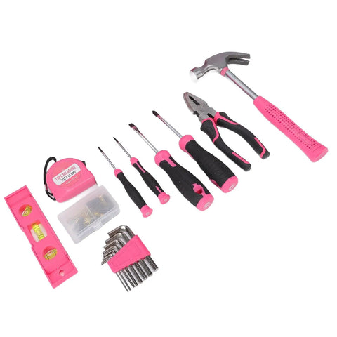18 Piece Pink Hand Tool Set For Women, Beginner Friendly Home Repair Kit with hammer, screwdrivers, pliers, and tape measure.