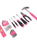 Pink Portable Toolbox Kit For Women, 18-Piece Hand Tool Set showing hammer, pliers, and screwdrivers with non-slip handles
