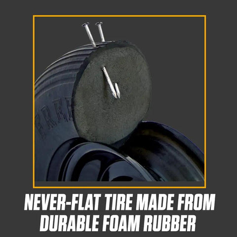 Close-up of Never Flat 8 Inch Wheelbarrow Tire With Ribbed Tread showcasing puncture-resistant solid polyurethane material.