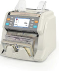 Heavy Duty Money Counter Machine For Multi Currency Bill Scanning And Smart Counterfeit Detection With Auto Serial Logging And No Sweat Cash Handling For Daily Money Managers And Hustlers, showing cash input and display.