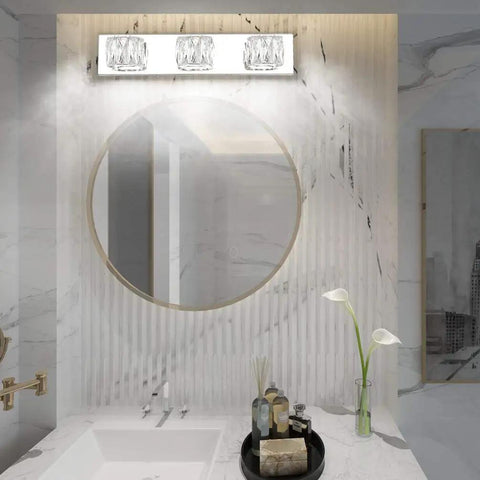 Three Light Crystal Vanity Light Bar Over Mirror Modern LED Bathroom Fixture With White 5500K Light Energy Efficient 18W