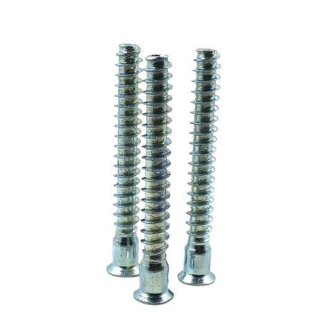 Heavy Duty Flat Head Wood Screws Built Tough For Knock Down Cabinets And DIY Builds Rock Solid Cross Drive Grip Quick Install Steel Fasteners 100 Pack 58 Millimeter Long - close-up of three zinc coated steel screws.
