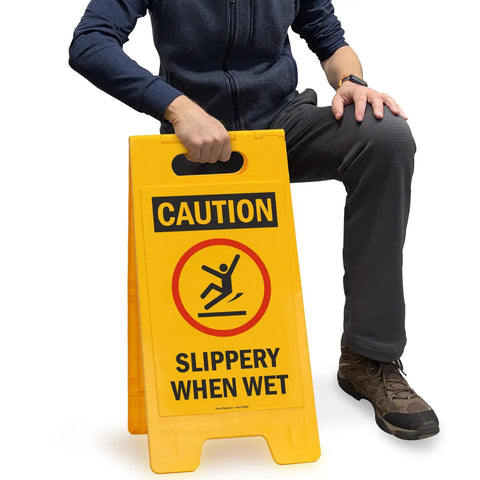 Heavy Duty Caution Slippery Floor Sign Foldable Double Sided Polypropylene Warning Plaque For Warehouses And Commercial Spaces Built Like A Tank To Outlast Heavy Daily Foot Traffic