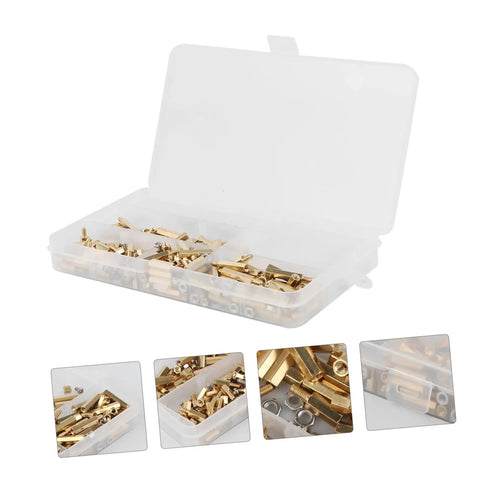Top Shelf Brass Hexagon Column Standoff Screw And Nut Assortment Kit For Electronics And Tech Rig in a clear storage box.