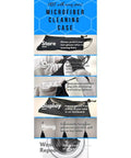 Infographic detailing benefits and uses of a microfiber cleaning case for glasses, highlighting storage, cleaning, tightening, display, and hanging options.