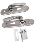 Stainless Steel Door Entry Handle Set With Keyed Lever Cylinder Lock Kit for interior doors, includes handles and lock hardware.