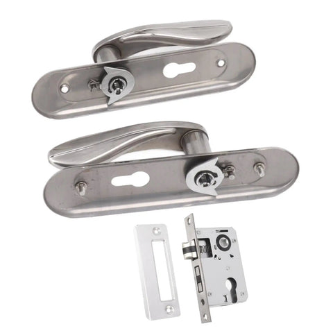 Stainless Steel Door Entry Handle Set With Keyed Lever Cylinder Lock Kit for interior doors, includes handles and lock hardware.