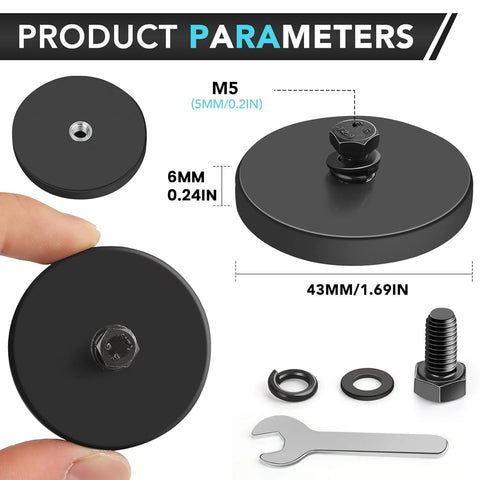 DIYMAG 4-piece rubber-coated mounting magnets with M5 studs, neodymium, 30LB pull; includes wrench, washers, discs