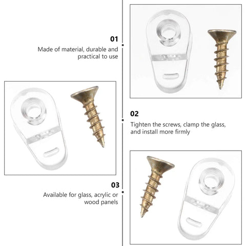 20 Piece Glass Retainer Clips Kit With Solid Screws For Cabinet Doors And Windows Includes Heavy Duty Plastic Holders For Mirrors And Panels Easy No Sweat DIY Installation Rock Solid Grip Pro Gear, clear plastic clip with screw