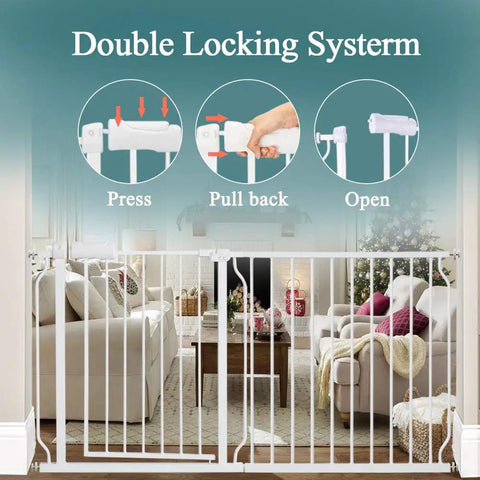 Double locking system on Extra Wide Pressure Mounted Baby Gate Walk Through for Doorways and Kitchen with Extension Fits 86 to 98 cm