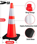 Eight 28 Inch Orange PVC Traffic Cones With Black Base, Heavy Duty Construction Safety Cones for roadway and parking, close-up