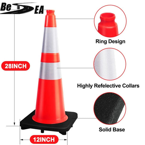 Eight 28 Inch Orange PVC Traffic Cones With Black Base, Heavy Duty Construction Safety Cones for roadway and parking, close-up