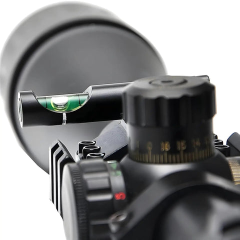 Close-up of bubble level for 20mm Picatinny Weaver Rail Rifle Scope Anti Cant Shock Resistant Mount attached to a rifle scope