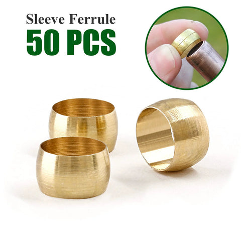 Brass compression sleeve ferrule set for 1/4 in tube OD, 50 pcs; three sleeves shown