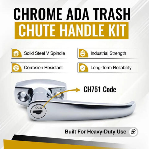 Slick Chrome ADA Laundry Chute Door Handle With V Spindle And Universal Latch Plunger Kit For Bottom Or Side Hinged Doors Featuring Smooth Glide Action And Easy Peasy Installation Rock Solid Security