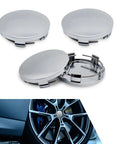 4 Pc Heavy Duty Car Wheel Center Caps 60 Mm Bore Snap In Hub Caps with slick chrome ABS shell showcasing three caps.