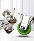 Close-up of Heavy Duty 3 Inch Swivel Caster Wheels With Brakes Silent Nylon Rollers for furniture, featuring a green wheel and stainless steel top plate.