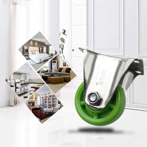 Close-up of Heavy Duty 3 Inch Swivel Caster Wheels With Brakes Silent Nylon Rollers for furniture, featuring a green wheel and stainless steel top plate.