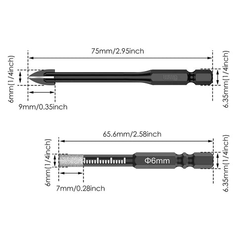 Detailed diagram of Pro Grade Diamond Drill Bits Set 6mm One Quarter Inch Dry Cutting For Ceramic Tile Concrete Marble Glass Tile With Quick Change Hex Shank 20 Piece Kit Durable Heat Resistant Bits showing measurements