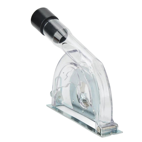 Universal Dust Shroud for 4 to 5 Inch Angle Grinders With Clear Guard and Vacuum Adapter, shown with transparent guard.