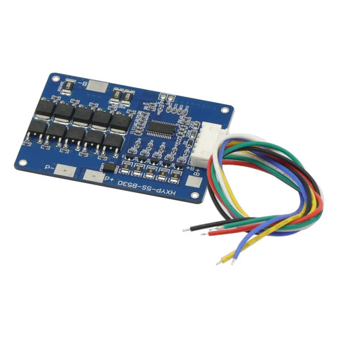 Badass 5S BMS Protection Board For 18650 Lithium Battery Pack Featuring Built In Balance Circuit 30 Amp Continuous Draw And 45 Amp Peak Surge For 21 Volt Systems, blue circuit board with wires.