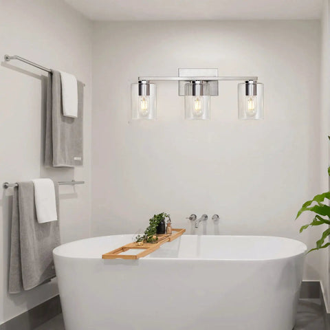 Three Light Vanity Wall Light in Brushed Nickel for Bathroom Over Mirror, Modern Metal Sconce with Glass Shade
