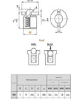 Product Specifications for Built Tough M12 Push On Spring Indexing Plungers with dimensions, materials, and load capacity.