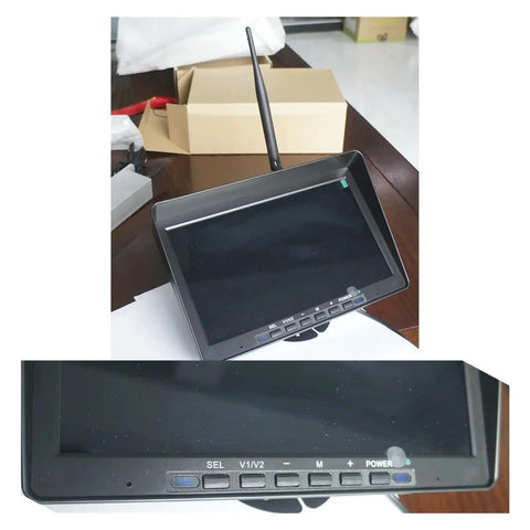 Wireless Forklift Camera System with Killer Clarity Night Vision 7 Inch Monitor IP69 Waterproof setup shown with buttons and antenna.