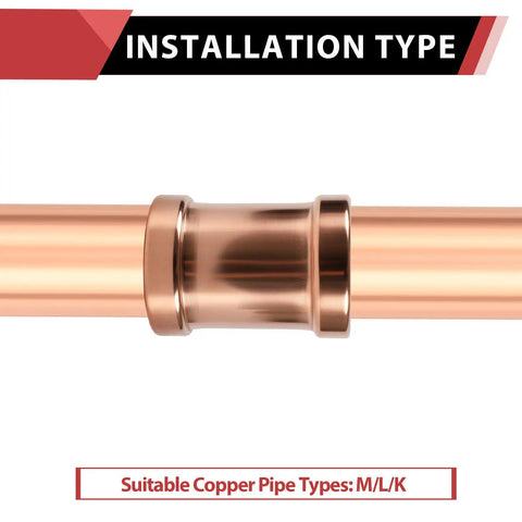 Close-up of 20 Pack 3 Inch X 3 Inch Copper Press XL Coupling No Stop Press Fit Plumbing Pipe Connector, showing installation type.