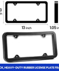 Premium Universal License Plate Frame With Integrated Bumper Guard And Thick Rubber Shield, measuring 13x6.3x1.05 inches.