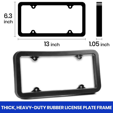 Premium Universal License Plate Frame With Integrated Bumper Guard And Thick Rubber Shield, measuring 13x6.3x1.05 inches.