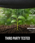 Heavy Duty Weed Barrier Fabric 4 Ft By 50 Ft Durable Woven Ground Cover For Driveways, Garden Beds, And Landscaping With Permeable Underlayment 5oz Hybrid Dual Layer Weed Control For Home And Commercial Use, demonstrating UV resistance, breathability, and water permeability benefits above a growing plant.