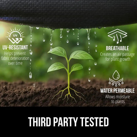 Heavy Duty Weed Barrier Fabric 4 Ft By 50 Ft Durable Woven Ground Cover For Driveways, Garden Beds, And Landscaping With Permeable Underlayment 5oz Hybrid Dual Layer Weed Control For Home And Commercial Use, demonstrating UV resistance, breathability, and water permeability benefits above a growing plant.