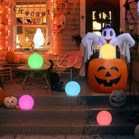 Glowing orbs with Halloween decor, featuring 8 Inch Solar Globe Light Outdoor Waterproof With Remote Control, 16 RGB Color Changing Glowing Orb Lamp For Garden Patio Yard Pathway Landscape Lighting, Ground Stake Mood Light in various colors