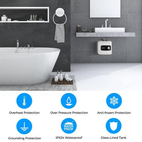 Compact Electric Water Heater 2.5 Gallon On Demand For Instant Hot Water Plug In Cord 110 To 120V 1.44kW UL Listed CSA Listed Multi Mount Floor Wall Or Shelf Ideal For Point Of Use installed in bathroom with bathtub and sink, visible safety features.