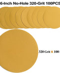 6-inch no-hole hook-and-loop sanding discs, 320-grit, yellow, 100-pack