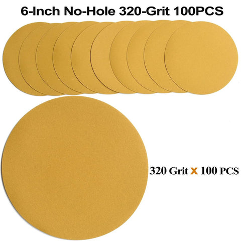 6-inch no-hole hook-and-loop sanding discs, 320-grit, yellow, 100-pack