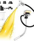 Heavy Duty Portable Cordless Gasoline Transfer Pump With A Rapid Four Gallons Per Minute Flow, hose and connectors with flowing fuel.