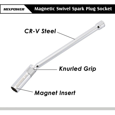 Beefy Magnetic Swivel Spark Plug Socket Set, Three Eighths Inch Drive, Thin Wall 12 Point CR V Steel, 6 Piece Kit, shown with CR-V steel.