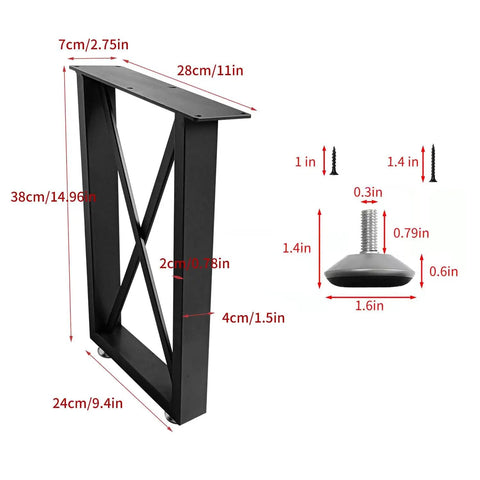 Heavy Duty Beefy Steel X Shape Table Legs 16 Inch Black 2 Pack Adjustable Industrial Coffee Table Supports with screws and foot pad