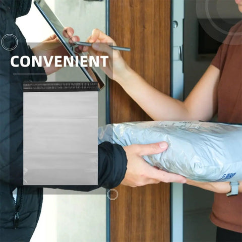 100 Pack White Plastic Mailing Bags With Self Adhesive Seal For Clothes shown in a delivery exchange