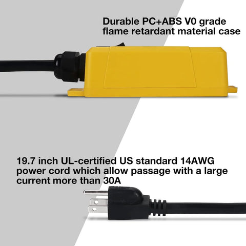 SENCTRL automatic vacuum switch for power tools; side view, yellow rectangular controller with black power cord and plug
