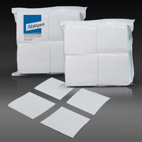 Lint Free Cleanroom Wipes 4x4 Nonwoven Polyester Cellulose Blend 600 Pcs pack with individual wipes displayed