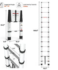 12.5ft Telescoping Aluminum Ladder With One Button Retraction And Dual Hooks EN131 330lb Capacity showing dimensions and sections.