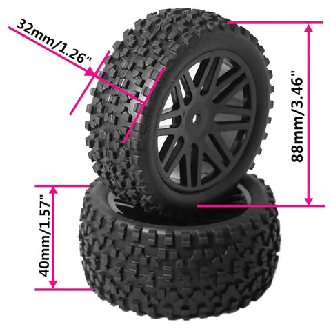 Beefy 88mm 3.46 Inch Off Road RC Tire Set With Sponge Inner And 12mm Hex Wheel Rims For 1 To 10 Scale Buggy Cars Durable Rubber Tires Replacement Black Fit Redcat Tornado Shockwave HPI ExceedRC Kyosho Losi