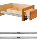 2 Pack Heavy Duty Cabinet Drawer Slides Replacement Ball Bearing Smooth Bidirectional Glide Rails 15–20kg Load Capacity 34.2 x 1.7 x 0.8 cm Silver Cabinet Rails For Dresser Drawers And Cabinets shown installed on wooden drawer.